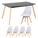 Mesa De Jantar Retangular 80 X 140 Cm Preto + 4 Cadeiras Estofadas Leda Branco