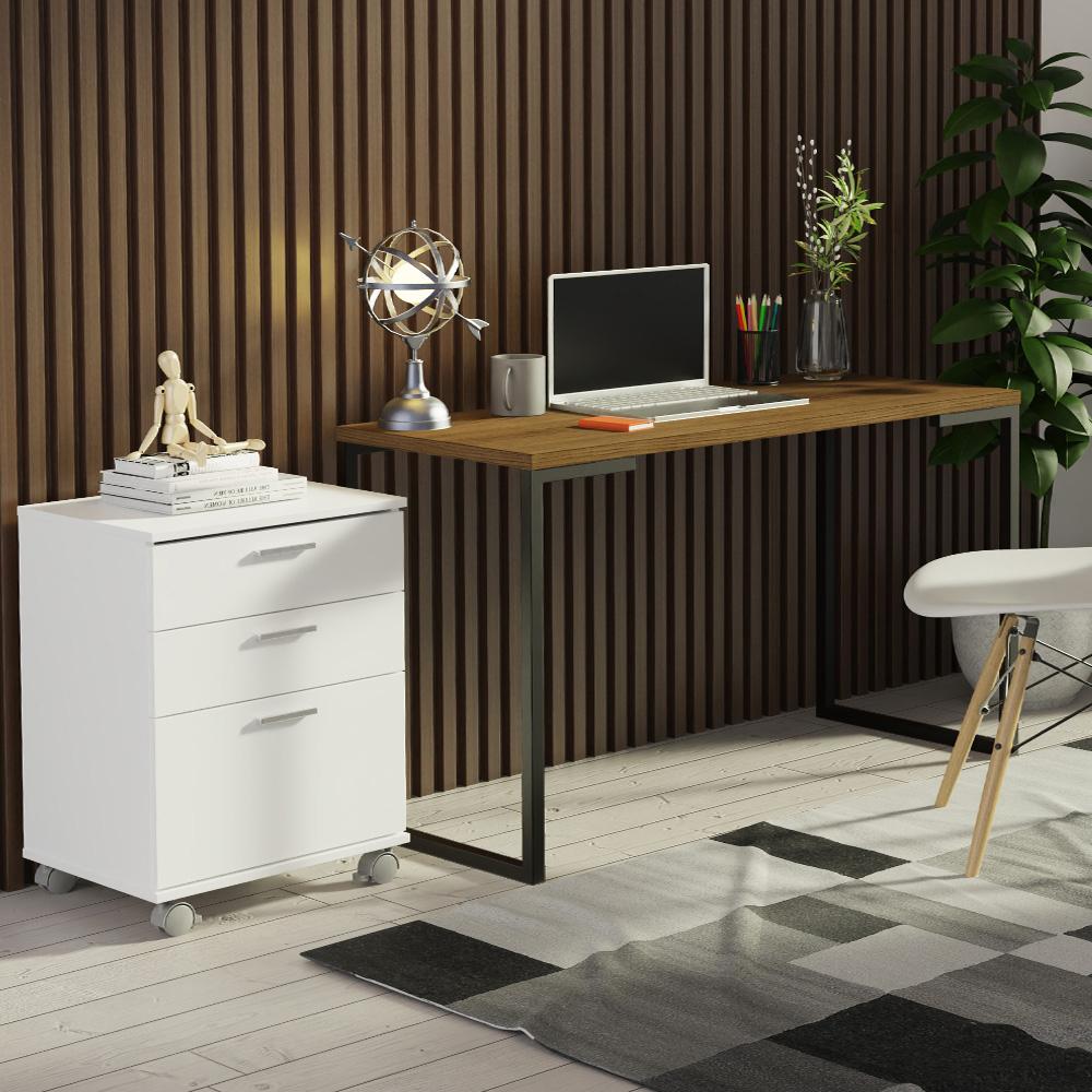 Conjunto Escritório Home Office Com Mesa Industrial + Gaveteiro Rustic/branco Madesa