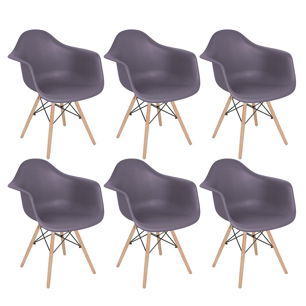 Kit 6 Cadeiras Charles Eames Eiffel Daw Com Braços E Pés De Madeira Clara Cinza Névoa