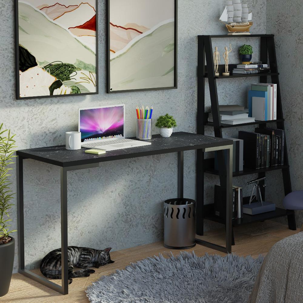 Conjunto Escritório Home Office Com Mesa Industrial + Estante Escada Preto  Madesa