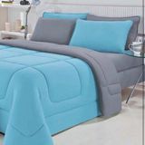 Edredom Dupla Face King Size Azul Turquesa com Cinza