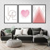 Kit 3 Quadros Decorativos Love Coração Rosa 34x23cm