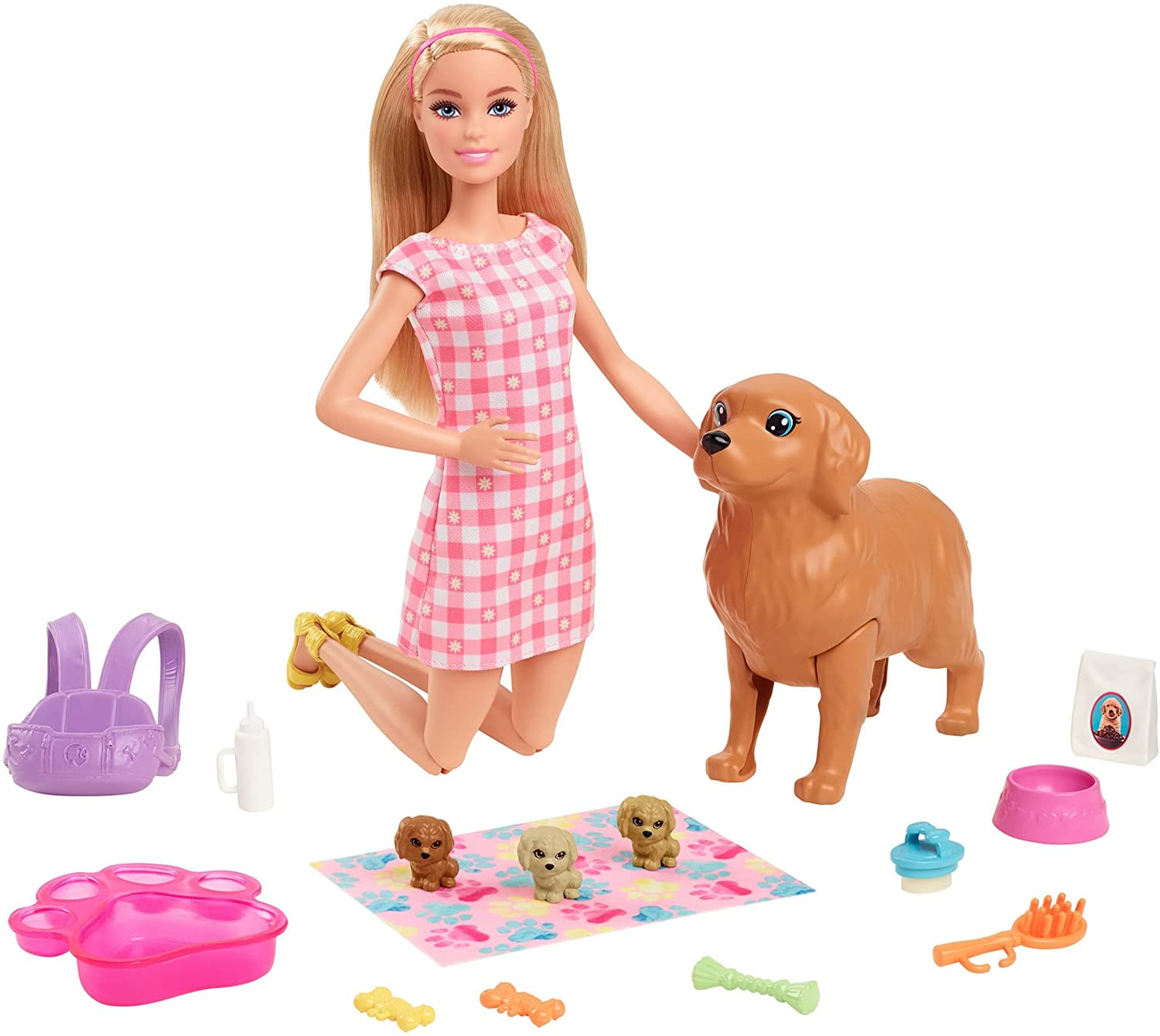 Boneca Barbie E Filhotes Recém-nascidos Playset Doll (loira, 11,5 In) Mommy Dog Com Recurso De Parto, 3 Filhotes E Acessórios De Nutrição, P