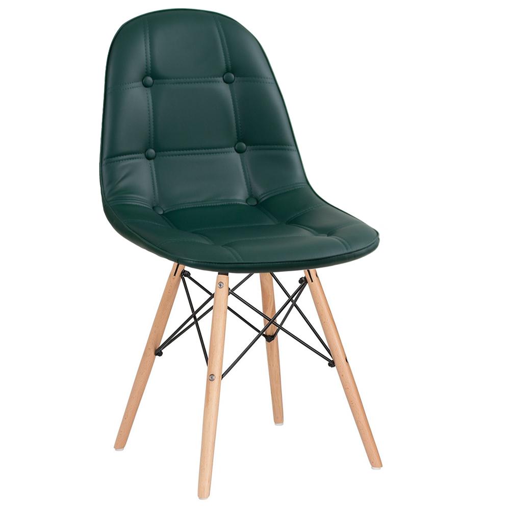 Cadeira estofada Eames Eiffel Botonê - Verde escuro - Base de madeira clara