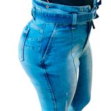 Calça Jeans Feminina Com Cinto Laço Clochard Cintura Alta