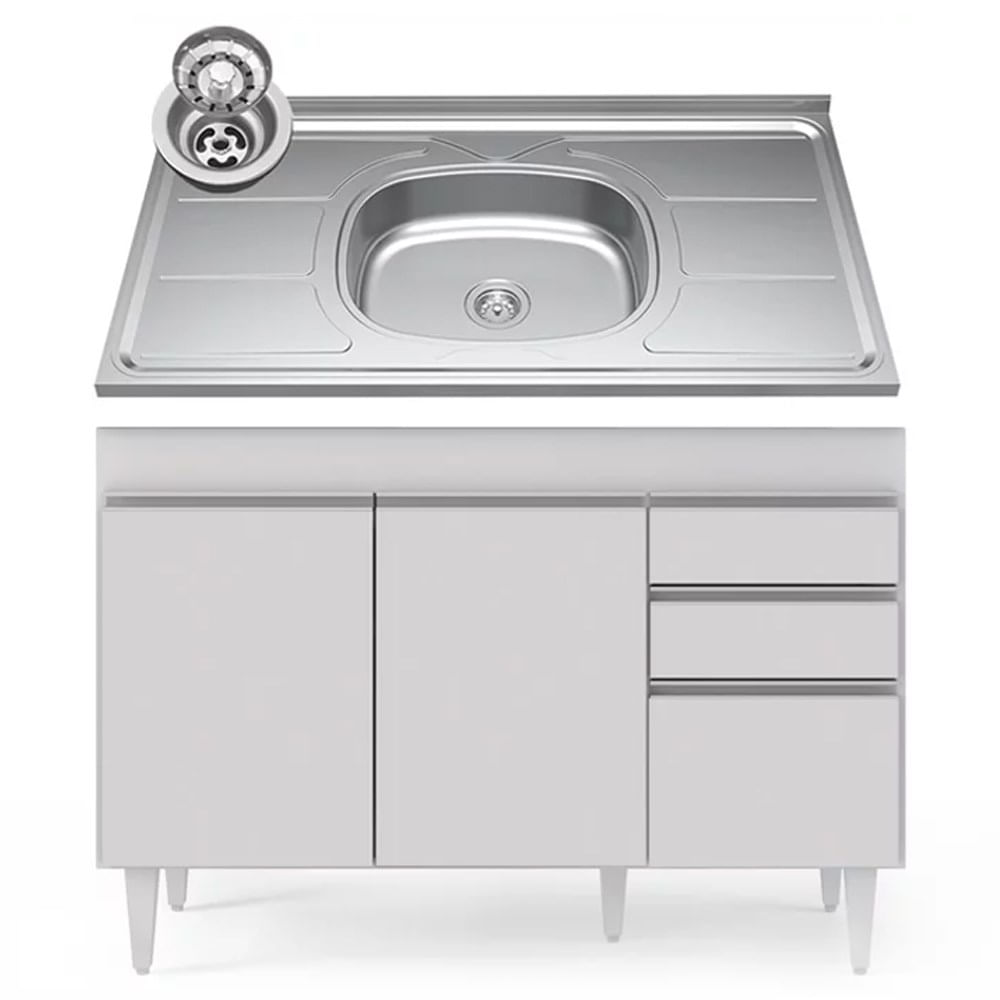 Balcão Gabinete Com Pia Inox 120cm Michigan Branco - Lumil