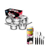 KIT - Jogo de Panelas Solar 6pçs inox + Faqueiro 30pçs Preto - Tramontina