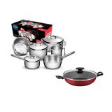 KIT - Jogo de Panelas Solar 6pçs inox + Panela Wok Alumínio Loreto 28cm Vermelha - Tramontina