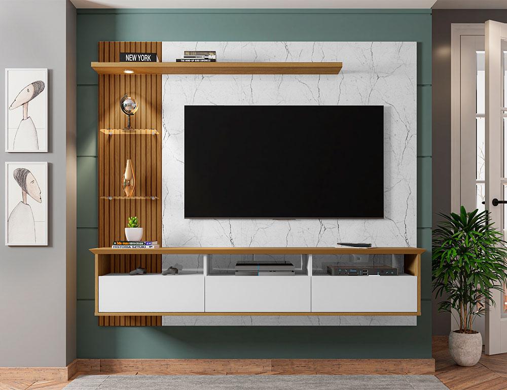 Painel Sala Para Tv Até 60 Polegadas Trend C/ Led 3 Portas Branco/cinamomo/carrara