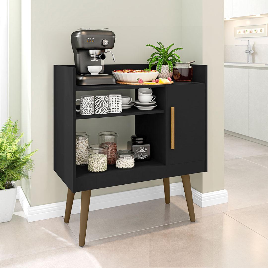 Aparador Balcão Café Ii Com 1 Porta Pés Palito Preto Fosco