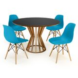 Conjunto Mesa De Jantar Redonda Cecília Amadeirada Preta 120cm Com 4 Cadeiras Eames Eiffel - Turquesa