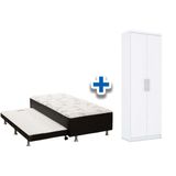 Cama Box Solteiro Conjugado Ortobom Black C/ Auxiliar + Armário Multiuso Margarida Branco