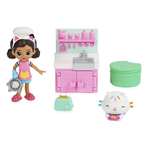 Conjunto Cozinha Gabby/s Dollhouse P/ Almoço E Lanche C/ 2 Bonecos De Brinquedo, Acessórios E Móvel, P/ Crianças +3