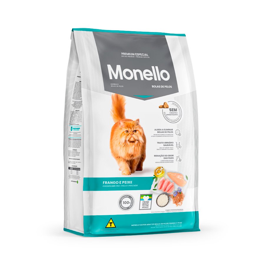 Ração Monello Bolas De Pelos Para Gatos Adultos Sabor Frango E Peixe - 1kg