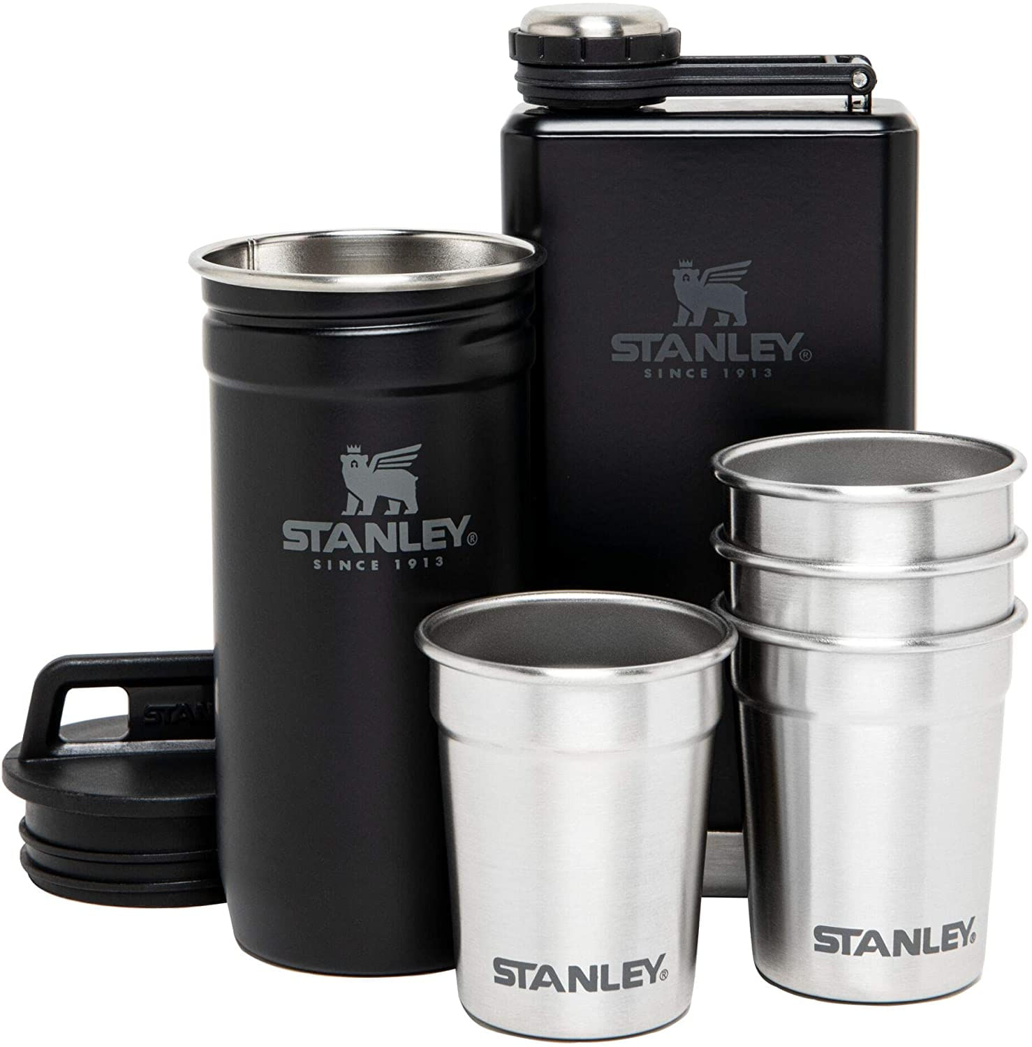 Stanley Steel Inoxidável Shot Glass And Flask Gift Set, Pacote De Aventura Ao Ar Livre Com 4 Copos De Tiro De Metal, Frasco De Uísque De 8oz