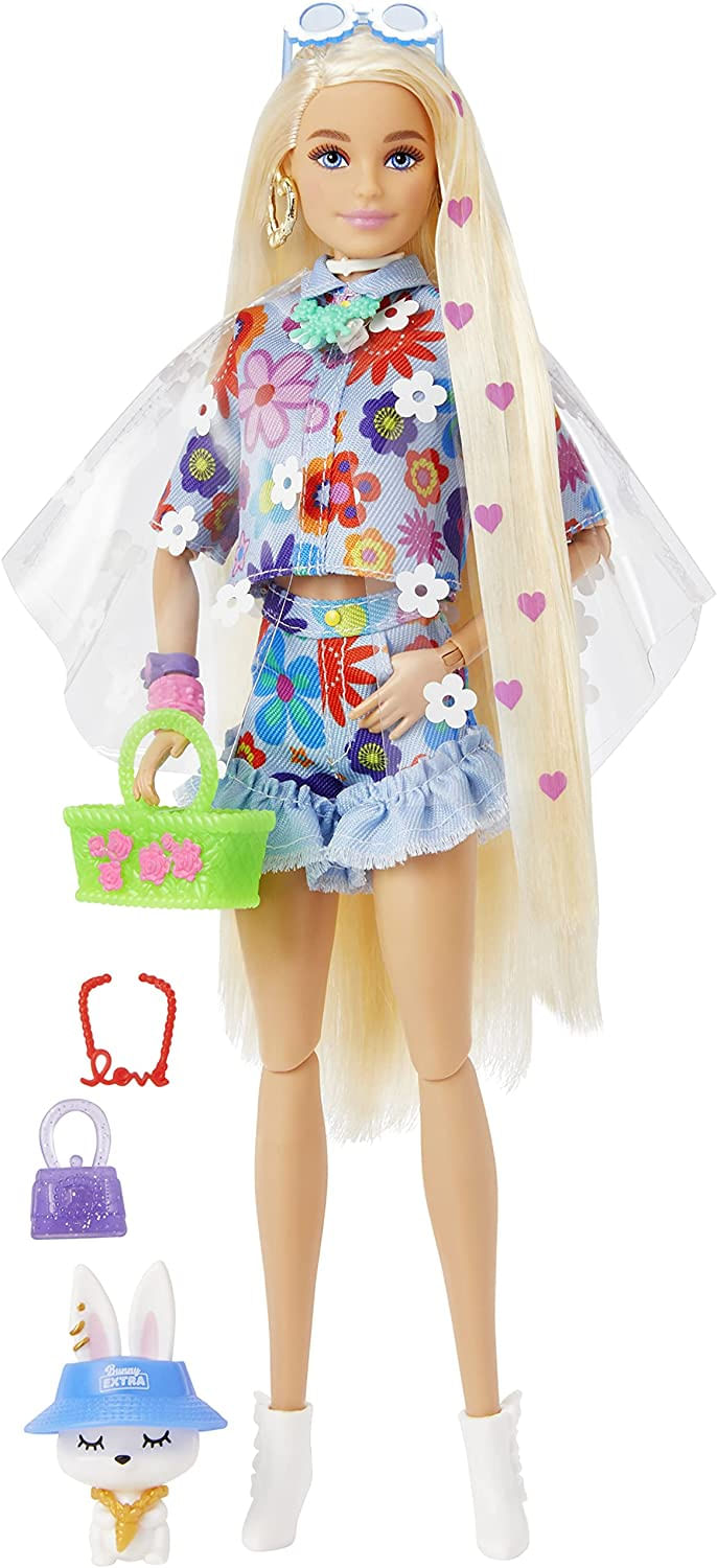 Barbie Extra Doll 12 Em Floral 2-piece Moda &amp;amp Acessórios, Com Coelhinho Pet, Cabelo Loiro Extra-longo Com Ícones Do Coração &amp;amp Artic