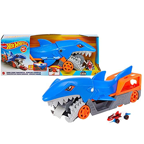 Hot Wheels Shark Chomp Transporter Playset Com Um Carro De Escala 164 Para Crianças De 4 A 8 Anos, Shark Bite Hauler Pega Carros Em Suas Ma