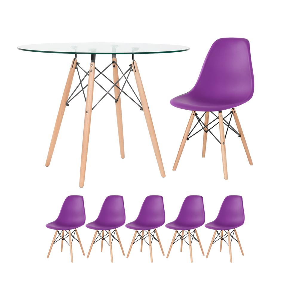 KIT - Mesa de vidro Eames 100 cm + 5 cadeiras Eiffel DSW roxo