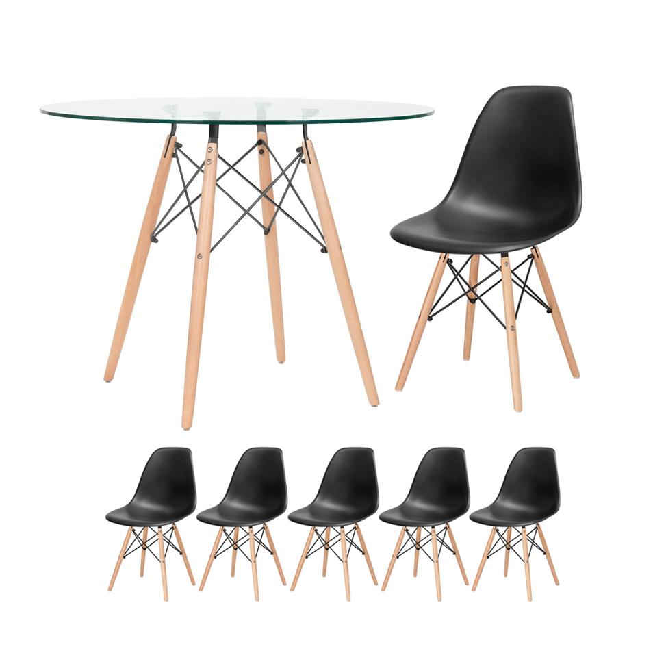 KIT - Mesa de vidro Eames 100 cm + 5 cadeiras Eiffel DSW preto