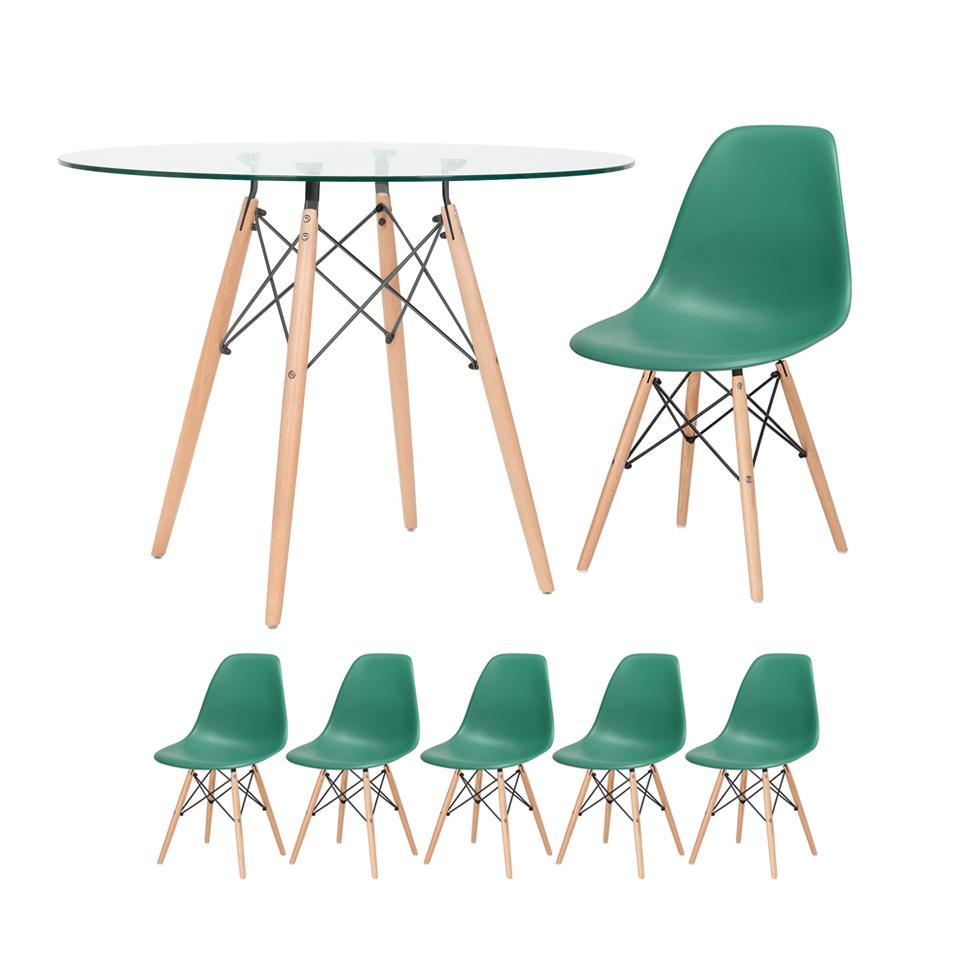 KIT - Mesa de vidro Eames 100 cm + 5 cadeiras Eiffel DSW verde escuro