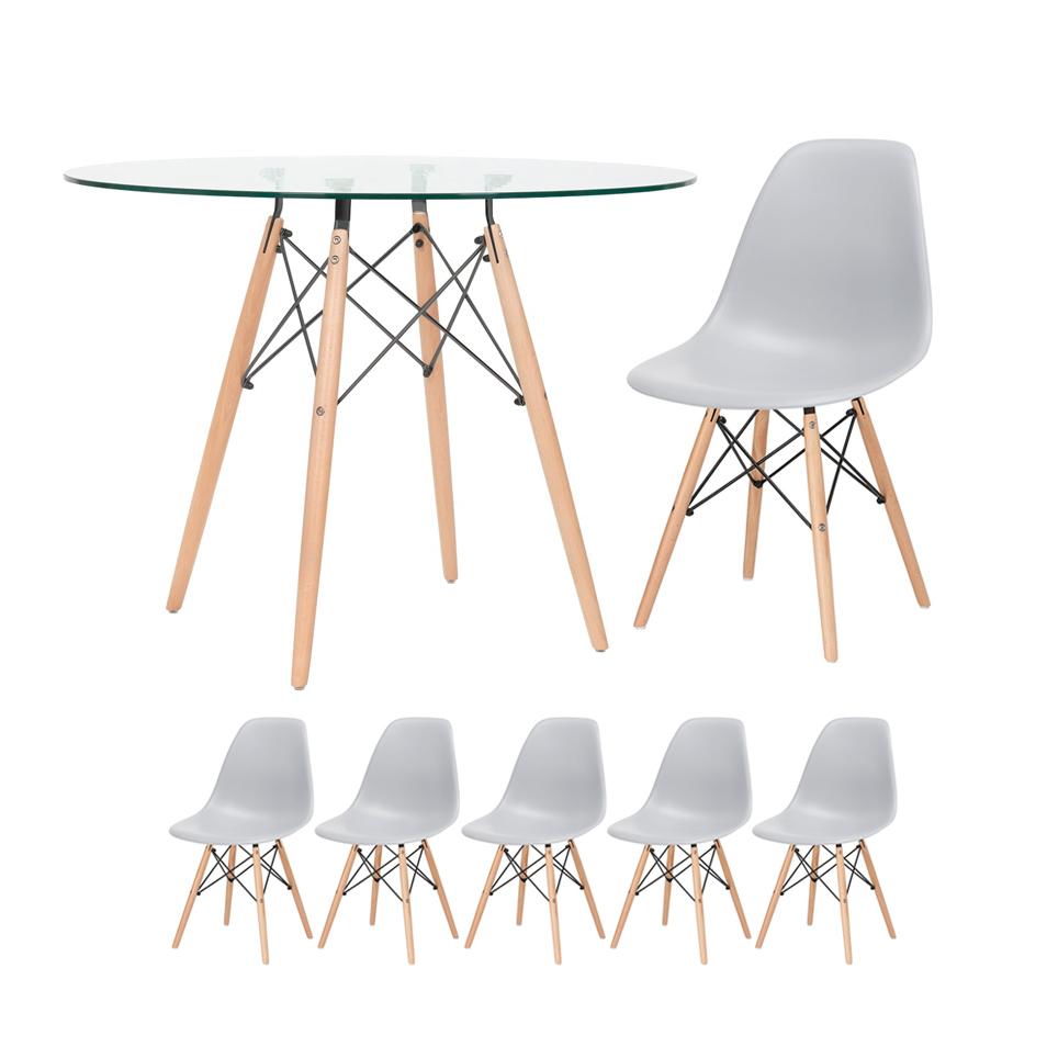 KIT - Mesa de vidro Eames 100 cm + 5 cadeiras Eiffel DSW cinza claro