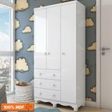 Guarda Roupa Infantil 3 Portas 3 Gavetas 100% Mdf Junior New Móveis Peroba Branco Brilho