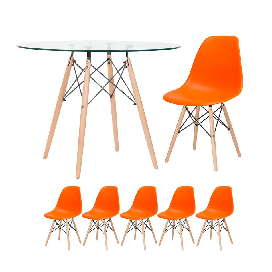 KIT - Mesa de vidro Eames 100 cm + 5 cadeiras Eiffel DSW laranja