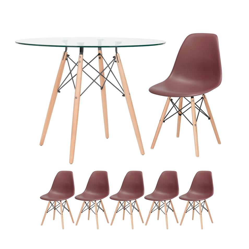 KIT - Mesa de vidro Eames 100 cm + 5 cadeiras Eiffel DSW marrom