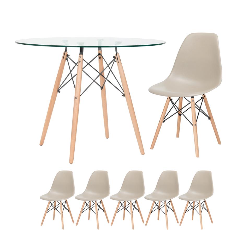 KIT - Mesa de vidro Eames 100 cm + 5 cadeiras Eiffel DSW nude