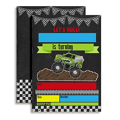 Monster Truck Chalkboard Birthday Party Convites, 20 5x7 Fill In Cards With Twenty White Envelopes By Amandacreation