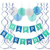 Fecedy Blue Happy Birthday Banner Honeycomb Bolas Redemoinhos Streamers Para Decorações De Festa De Aniversário