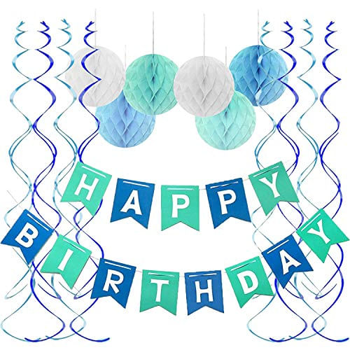 Fecedy Blue Happy Birthday Banner Honeycomb Bolas Redemoinhos Streamers Para Decorações De Festa De Aniversário