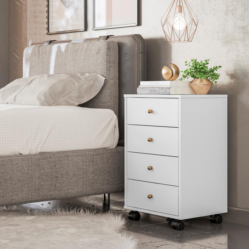 Mesa De Cabeceira Com Rodízios 4 Gavetas Presence Demóbile Branco