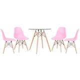 KIT - Mesa de vidro Eames 70 cm + 4 cadeiras Eiffel DSW rosa claro