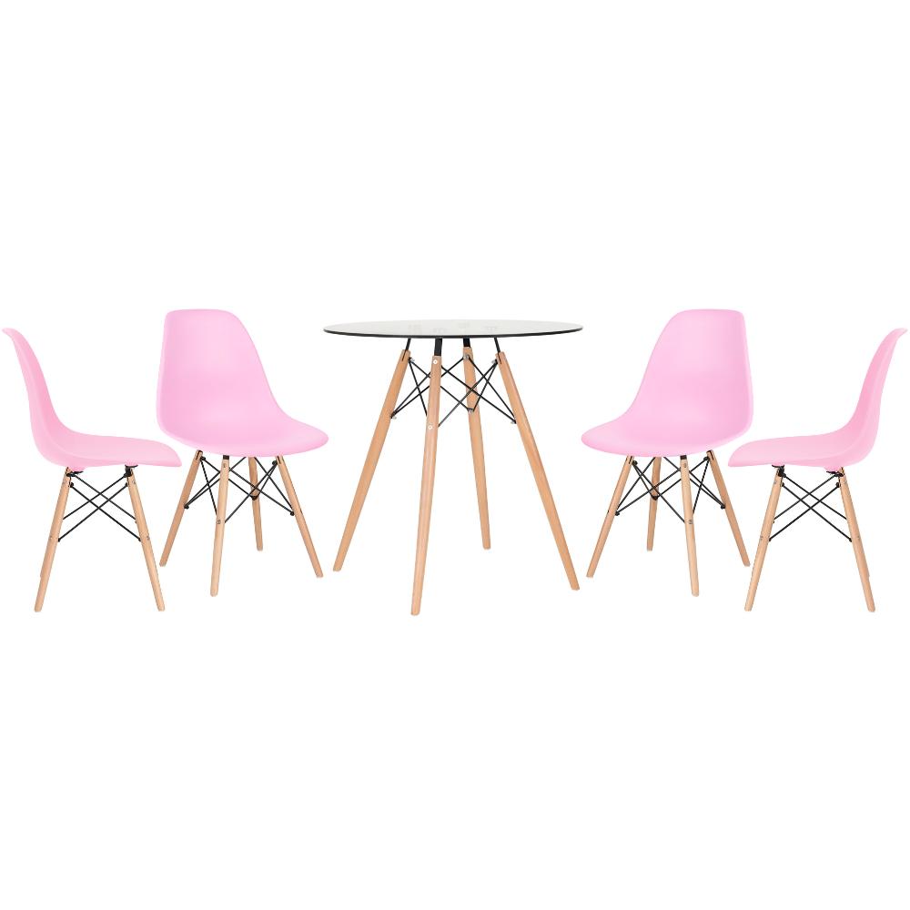 KIT - Mesa de vidro Eames 70 cm + 4 cadeiras Eiffel DSW rosa claro