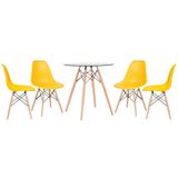 KIT - Mesa de vidro Eames 70 cm + 4 cadeiras Eiffel DSW amarelo