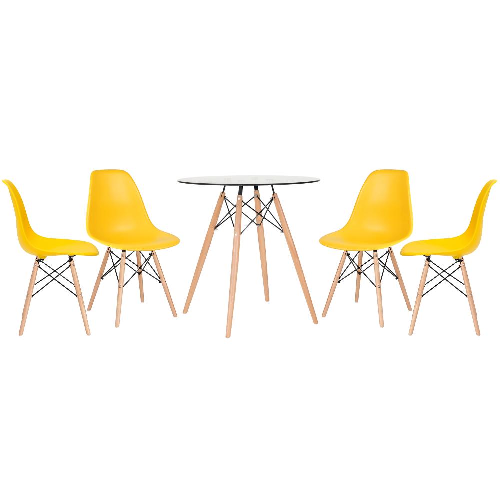 KIT - Mesa de vidro Eames 70 cm + 4 cadeiras Eiffel DSW amarelo