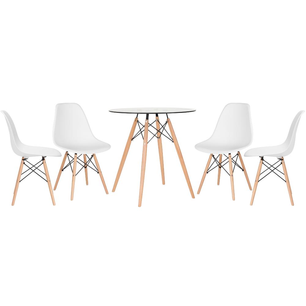 KIT - Mesa de vidro Eames 70 cm + 4 cadeiras Eiffel DSW branco