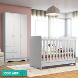 Quarto De Bebê Com Guarda-roupa 3 Portas E Berço Americano 3 Em 1 Ben Plus Móveis Peroba Branco Brilho