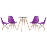 KIT - Mesa de vidro Eames 70 cm + 4 cadeiras Eiffel DSW roxo