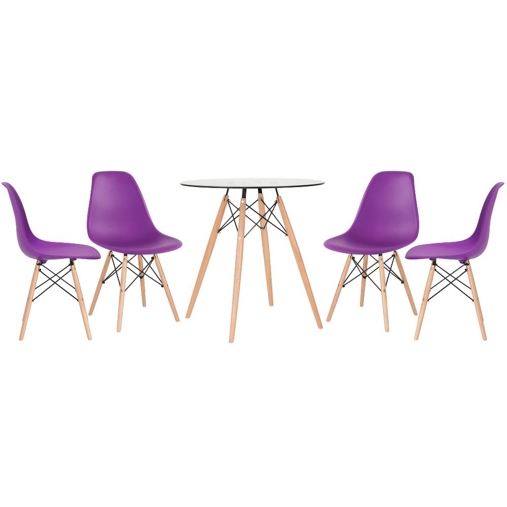 KIT - Mesa de vidro Eames 70 cm + 4 cadeiras Eiffel DSW roxo