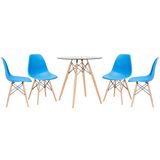 KIT - Mesa de vidro Eames 70 cm + 4 cadeiras Eiffel DSW azul céu