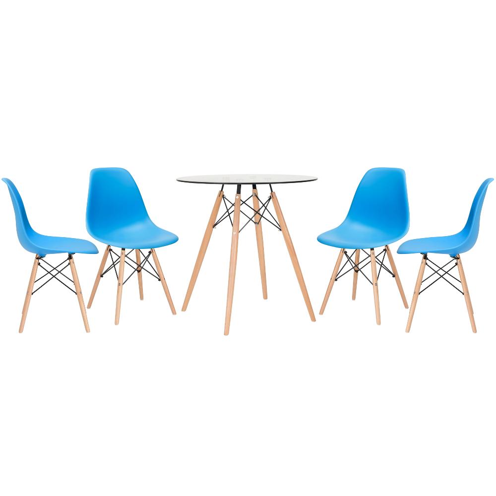 KIT - Mesa de vidro Eames 70 cm + 4 cadeiras Eiffel DSW azul céu