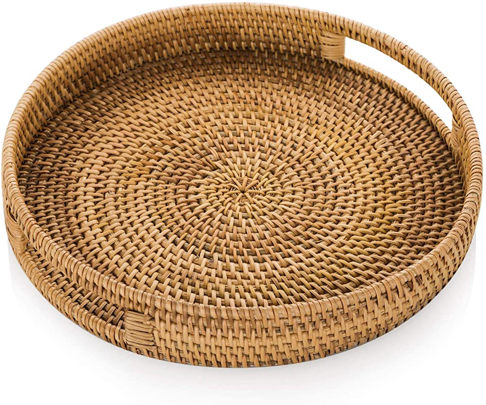 Rattan Servindo Bandeja Com Alças 30cm Bandejas De Vime Tecida À Mão Rattan Bandeja Rústica Bandeja Rústica Para Café Da Manhã, Bebidas, Lan