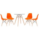 KIT - Mesa de vidro Eames 70 cm + 4 cadeiras Eiffel DSW laranja