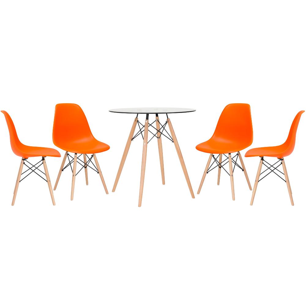 KIT - Mesa de vidro Eames 70 cm + 4 cadeiras Eiffel DSW laranja