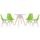 KIT - Mesa de vidro Eames 70 cm + 4 cadeiras Eiffel DSW verde claro