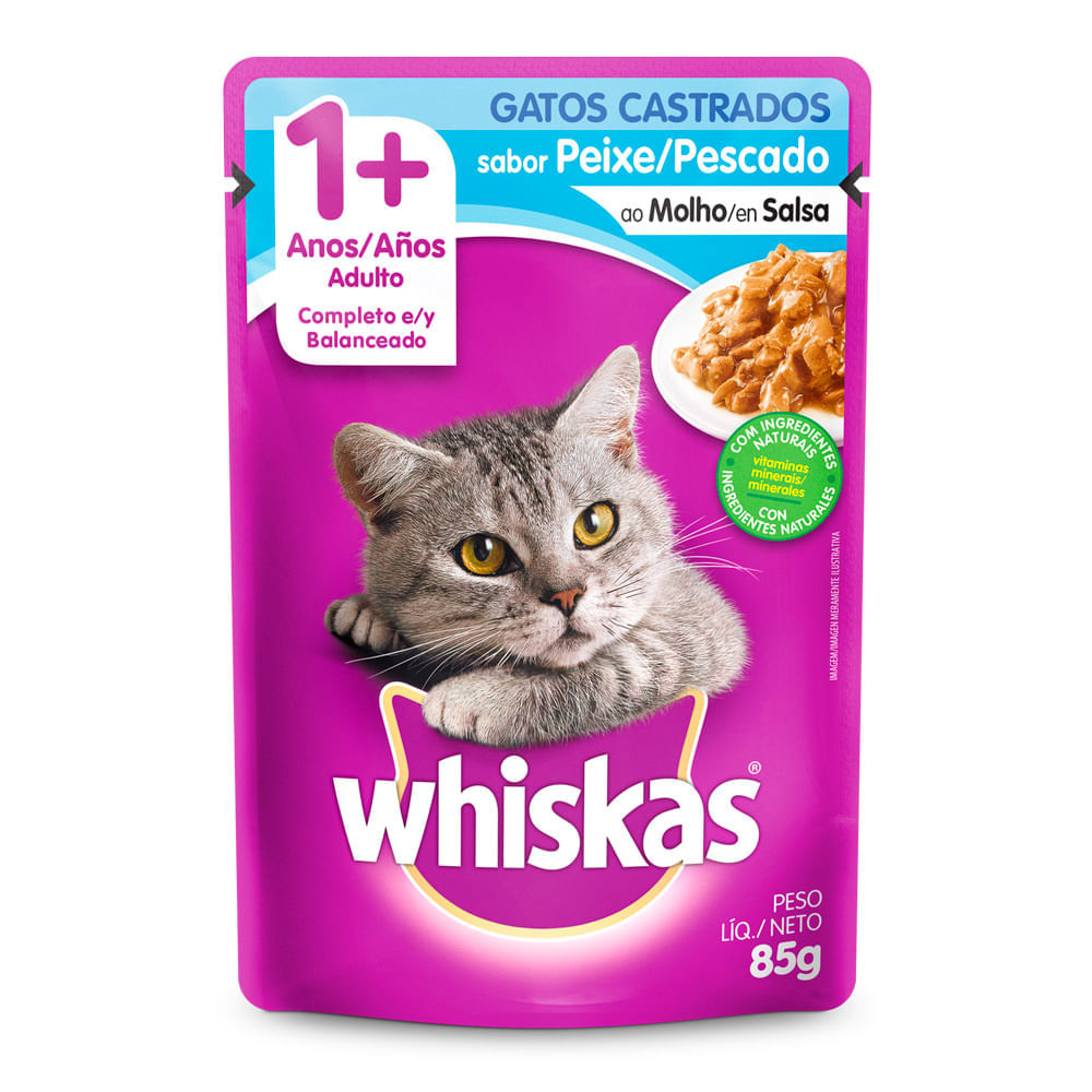 Ração Úmida Para Gatos Whiskas Adultos 1+ Anos Castrados Sabor Peixe Em Sachê 85g