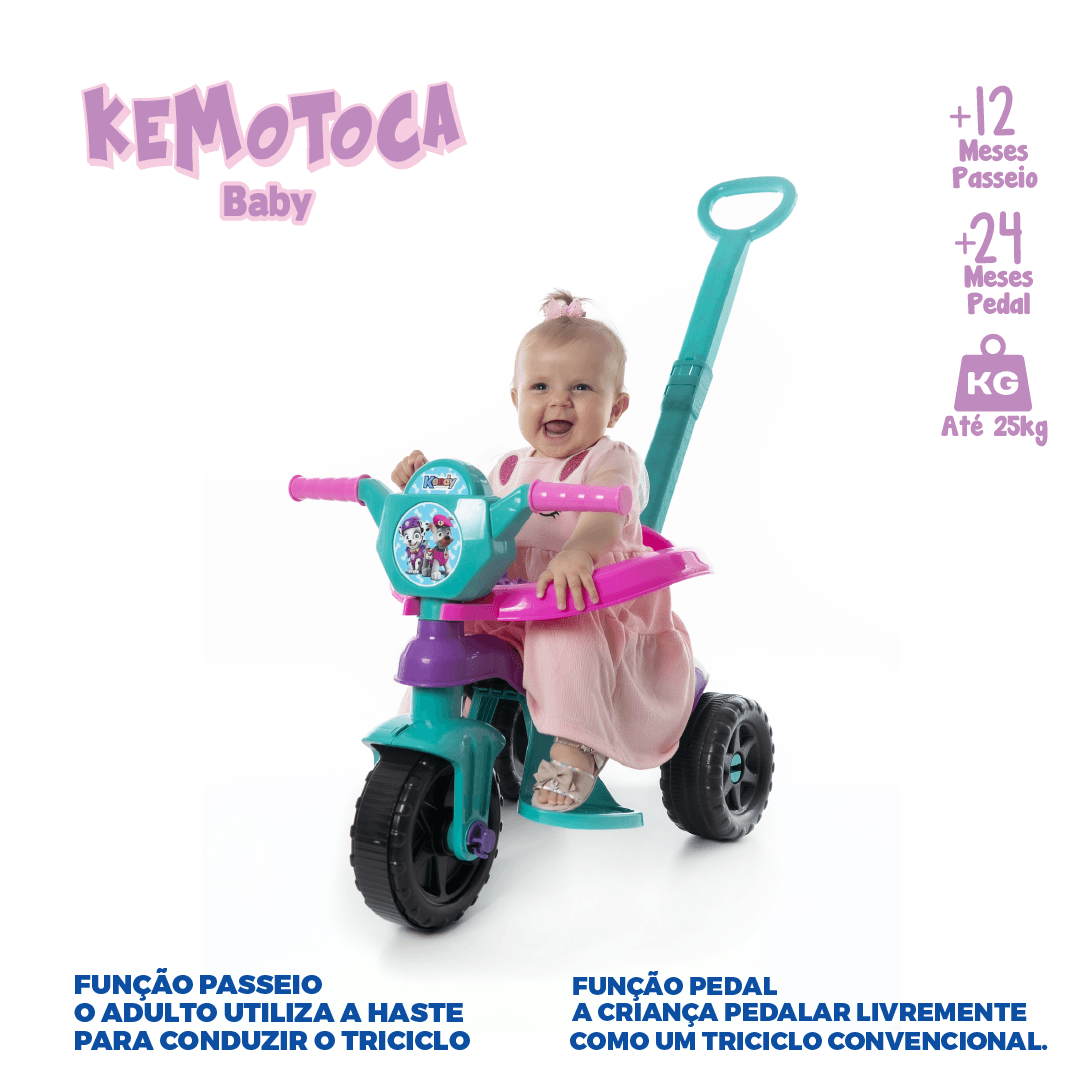 Triciclo Motoca Kemotoca Kendy - Suporta 25kg - C/ Empurrador