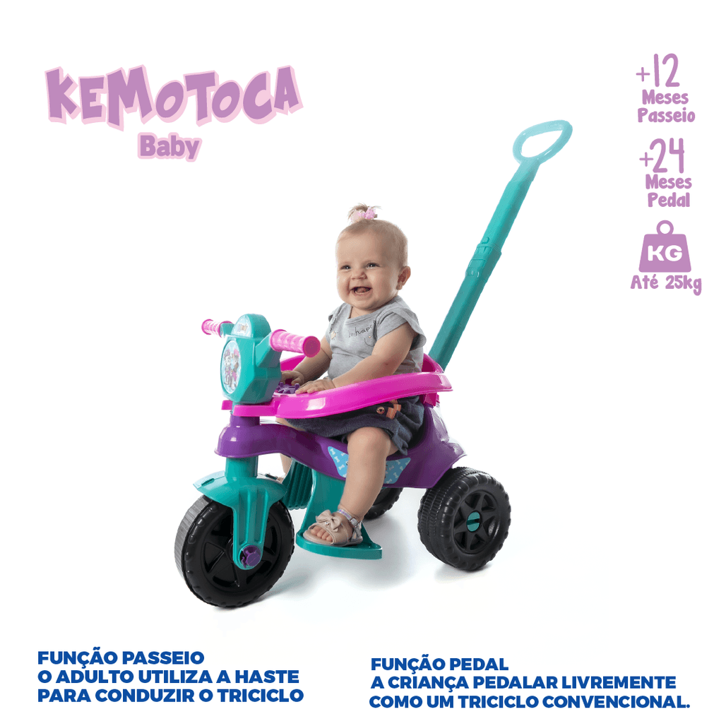 Triciclo Motoca Kemotoca Kendy - Suporta 25kg - C/ Empurrador, Apoio para  os Pés, Protetor Lateral e Par